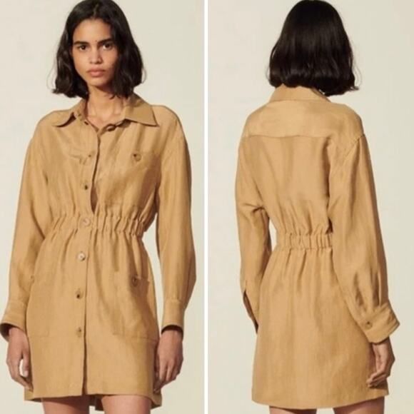 Sandro Leianna Gathered Gauze Mini Shirt Dress - Picture 1 of 9